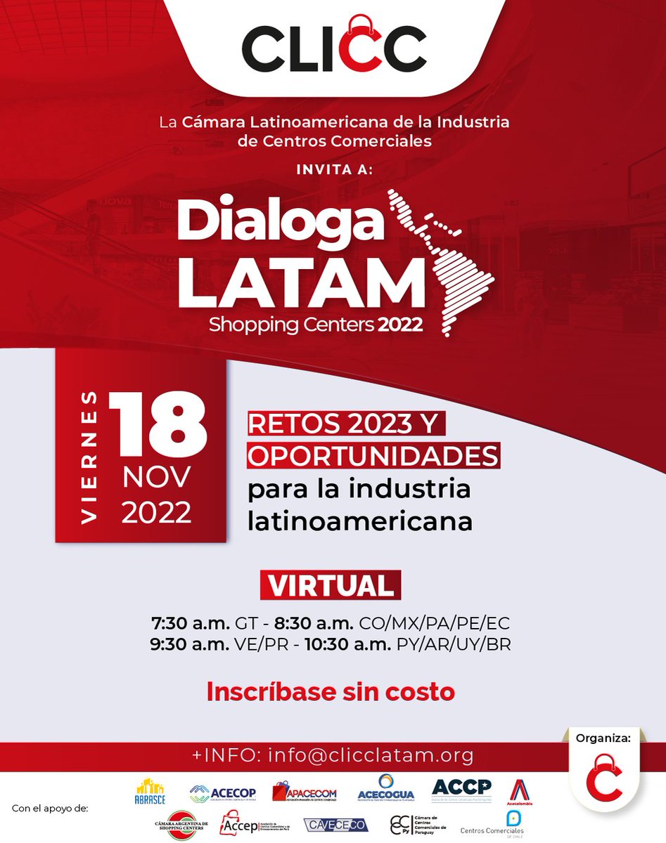 ShoppingArg's tweet photo. El próximo 18 de noviembre, La Cámara Latinoamericana de la Industria de Centros Comerciales-CLICC invita a participar del evento virtual Dialoga LATAM.
Se transmitirá por el canal de Youtube y Facebook de CLICC.
Inscripciones en: https://t.co/jRmsuSngcI https://t.co/teHKjLCRqp