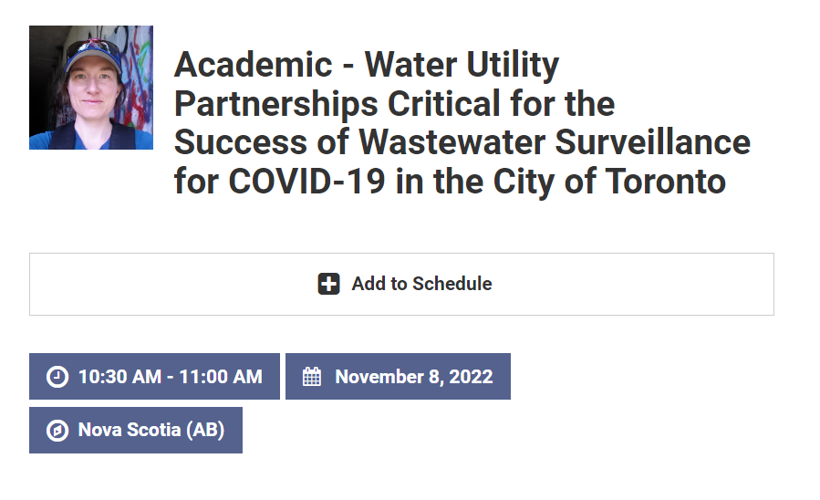 UrbanWaterTMU's tweet photo. Excited to announce that @clairejoswald will be presenting tomorrow at 10:30AM at the #NWWC in Halifax to speak about UW's partnership with @cityoftoronto on WW surveillance. Claire will discuss the evolution of this partnership, the challenges, and the successes. https://t.co/pg9znKSWhI