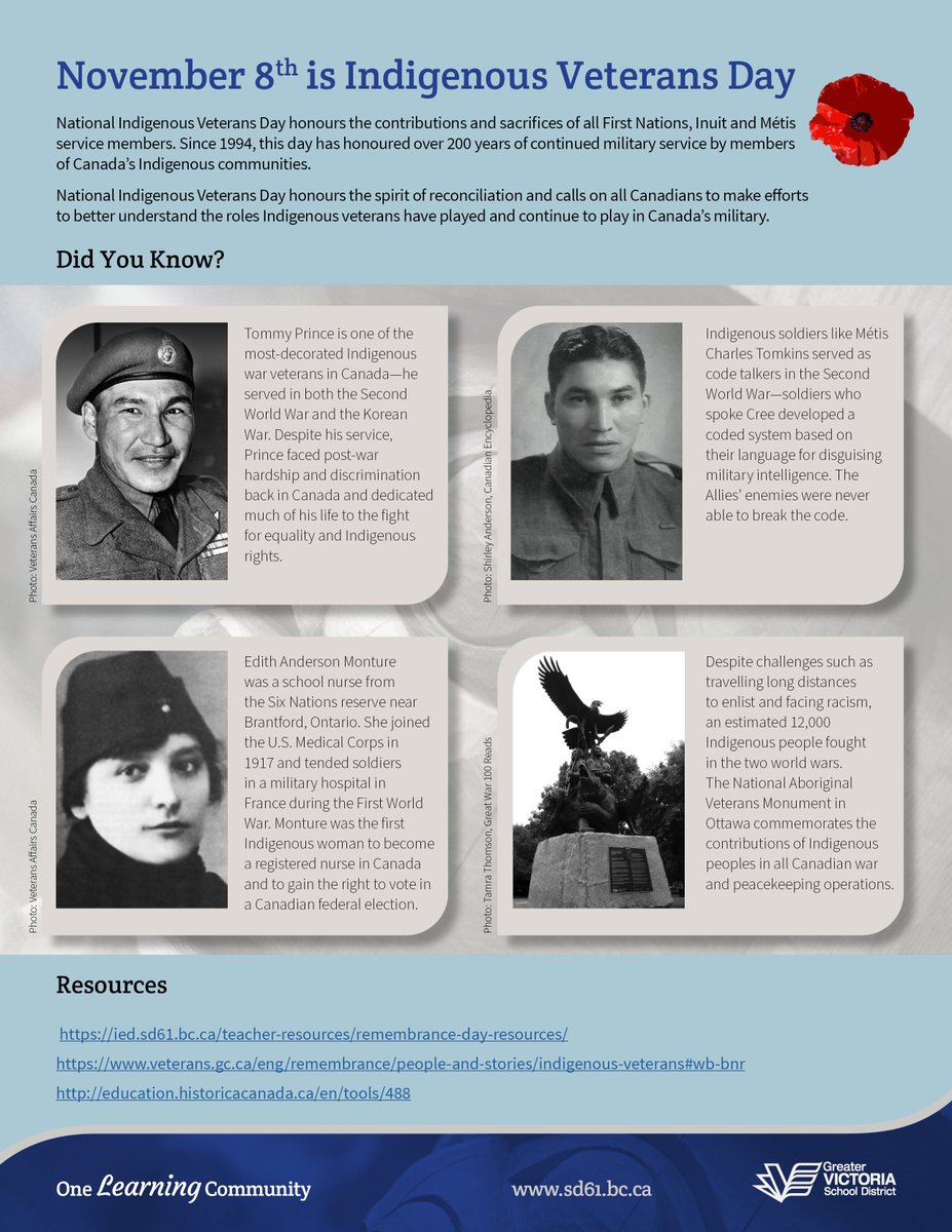 Tomorrow is National Indigenous Veterans Day, a time to honour the contributions made by Indigenous veterans who served Canada in times of war and peace. It is a day to reflect on the sacrifices &amp; accomplishments of all the Indigenous Peoples who have protected Canada. #sd61learn