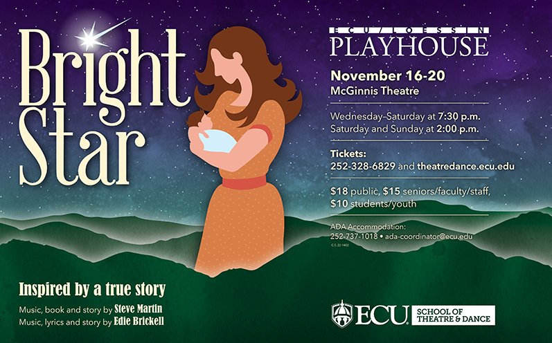 ECU_SOTD's tweet photo. Bright Star opens at the ECU. Nominated for 5 Tony Awards and set in the Blue Ridge Mtns of NC, the script is full of Southern charm and warm characters. Don't miss your chance to see Bright Star! #ecusotd #brightstar #brightstarmusical #livetheatre #ecuarts #ecu https://t.co/Wr4FmQaxKm