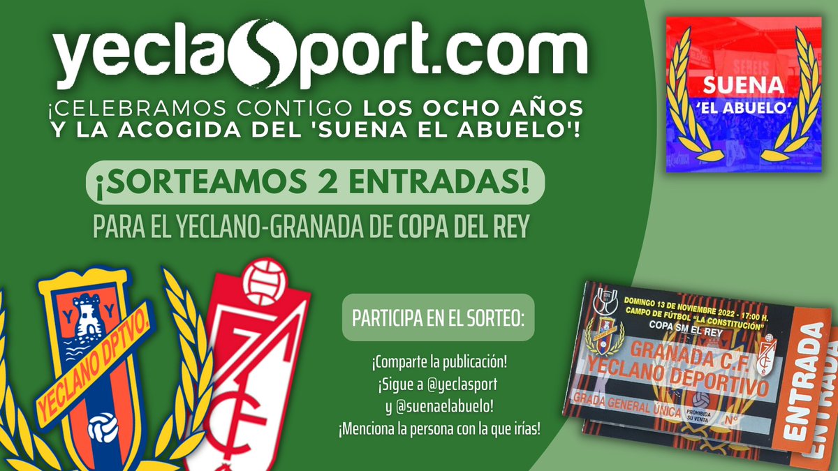 YeclaSport's tweet photo. ¡Se nos acumulan las celebraciones con los 8 años de YeclaSport y un gran número redondo de suscriptores en ‘Suena el Abuelo’!

Pensábamos agradecer vuestra lealtad sorteando un lote de jamón ibérico traído de Sevilla, pero hemos decidido apostar por algo todavía más caro… https://t.co/wzjPjyCeXE