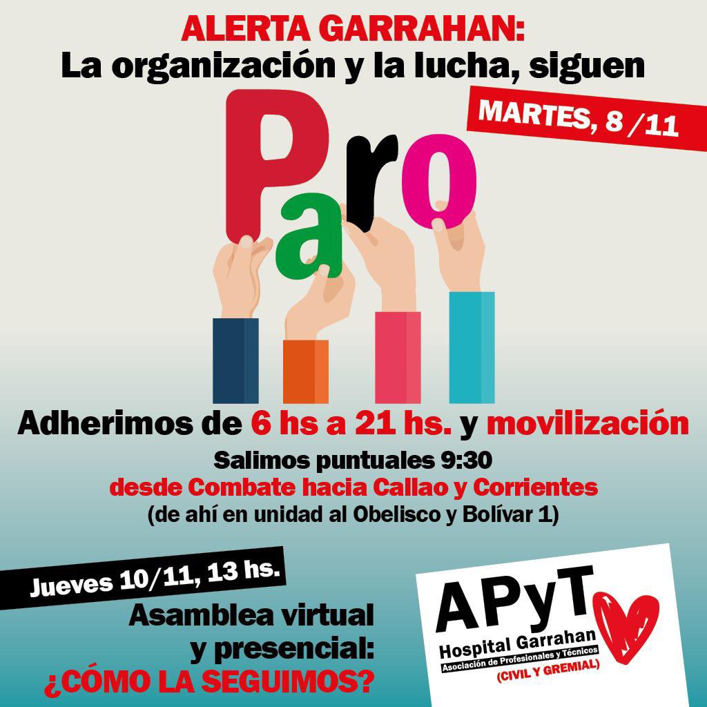 MARTES 8/11 PARO de TODO el EQUIPO DE SALUD. Por nuestra dignidad, por la salud pública por un #garrahandepie #salud #07Nov #7Noviembre #lucha #hospital <a href="/carlavizzotti/">Carla Vizzotti</a> <a href="/FernanQuirosBA/">Fernán Quirós</a> <a href="/alferdezprensa/">Alberto Fernández Prensa</a> <a href="/horaciorlarreta/">Larreta</a> <a href="/SergioMassa/">Sergio Massa</a> <a href="/CFKArgentina/">Cristina Kirchner</a>