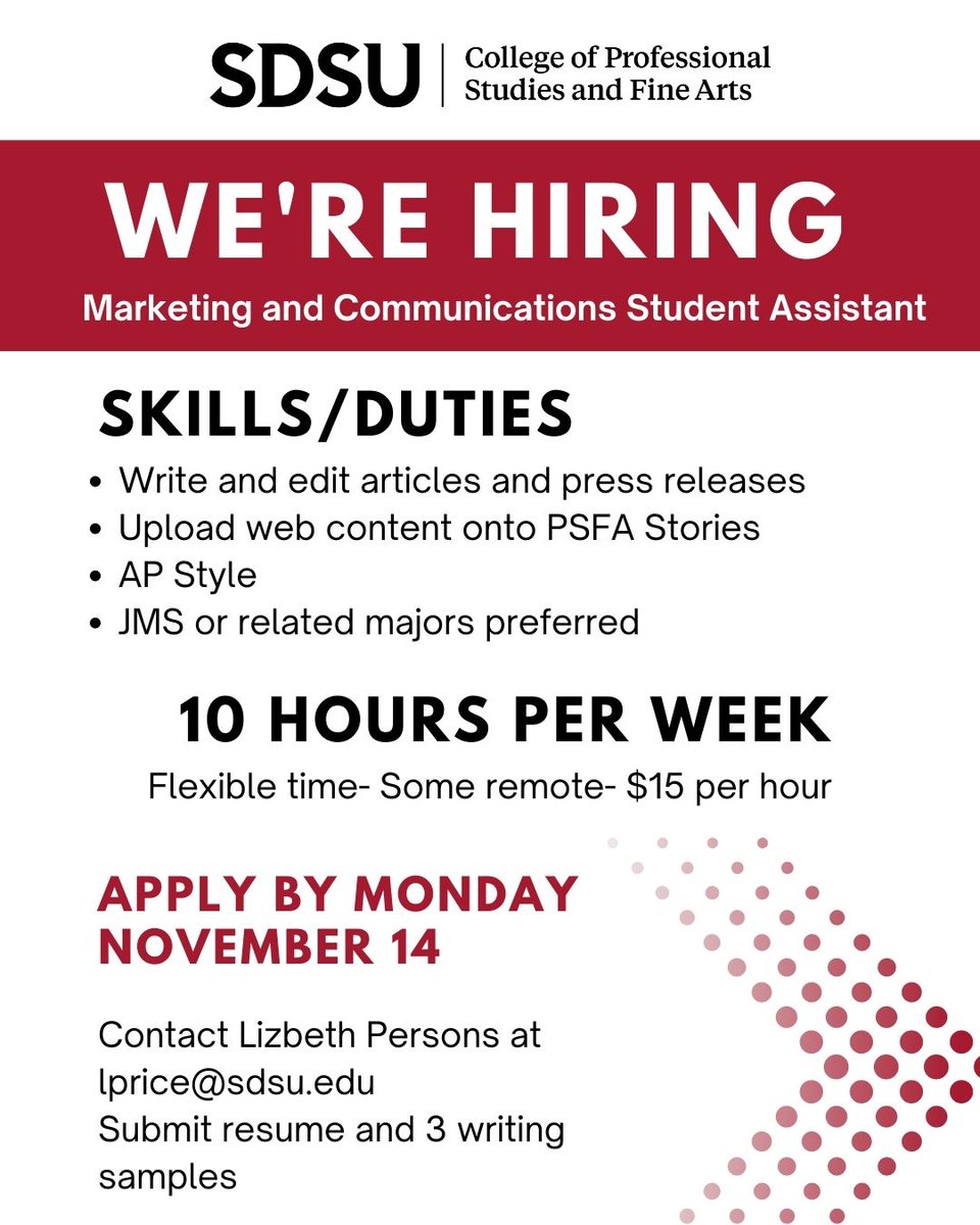 PSFA_SDSU's tweet photo. We're hiring! Swipe for our open positions. Applications due Monday, November 14th. #PSFA #WorkatPSFA #PSFAStudents https://t.co/bjXMNwXU7K