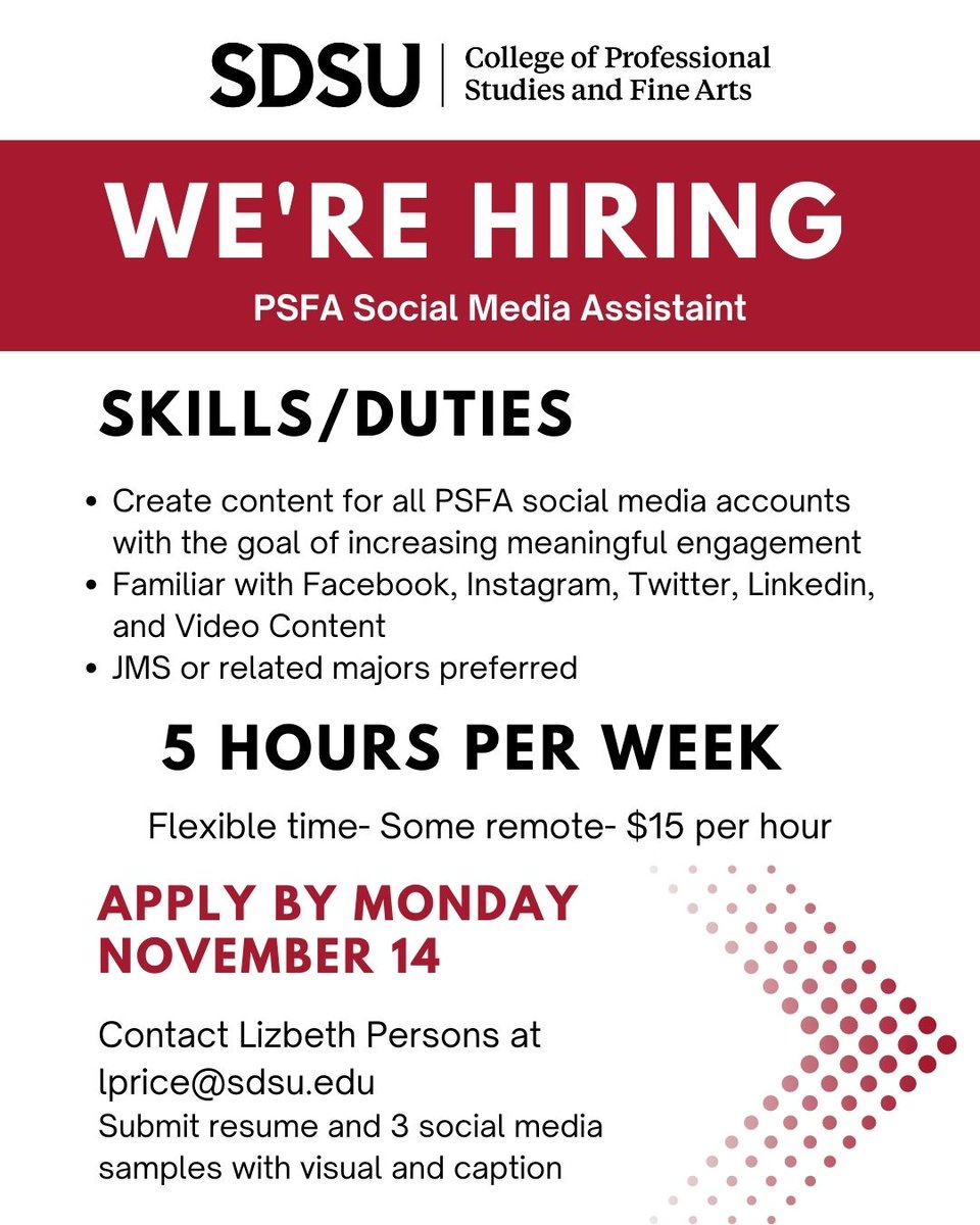 PSFA_SDSU's tweet photo. We're hiring! Swipe for our open positions. Applications due Monday, November 14th. #PSFA #WorkatPSFA #PSFAStudents https://t.co/bjXMNwXU7K