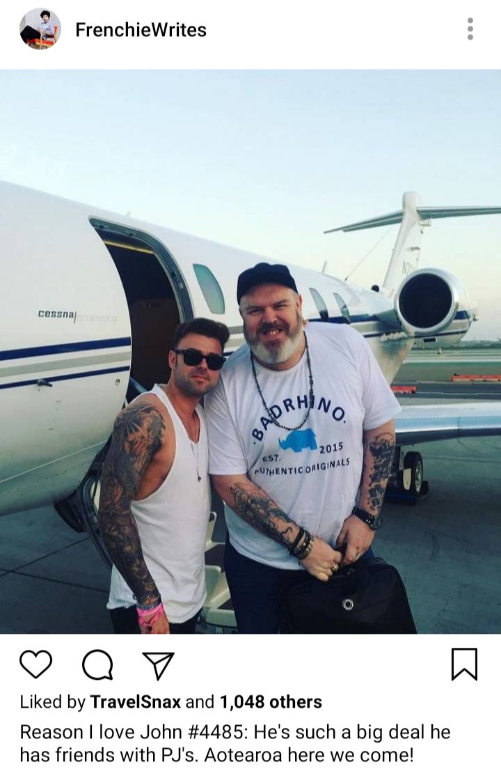 Frenchie's IG. Photo of John and a friend in front of a private jet. Caption reads: Reason I love John #485: He's such a big deal he has friends with PJs. Aotearoa here we come!