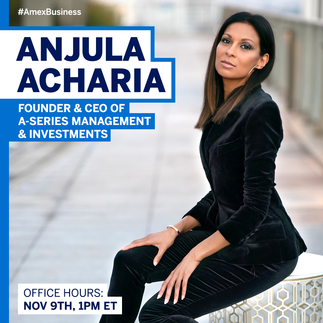 This Wednesday, @AnjulaAcharia will join us live at instagram.com/americanexpres…. Ask questions below or during the interview with @Suneel!

Whether backing early-stage brands or managing Hollywood talent, Anjula finds innovative ideas and people to support. #AmexBusiness