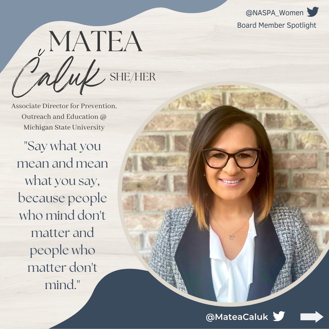 NASPA_CFW's tweet photo. Center for Women Board Spotlight: @MateaCaluk  
#NASPACFWBoard #Spotlight https://t.co/8SGzU7fIe4