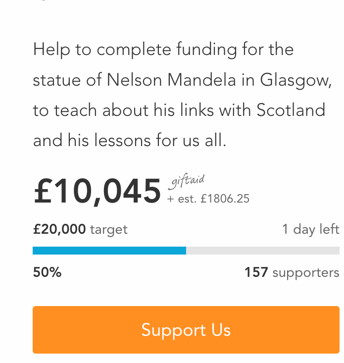 mandelasmf's tweet image. Over halfway there! It is still possible to reach our target. With two days left of our Crowdfunder appeal, we need your help. 

Please help to realise the goal of a memorial to Nelson Mandela in Glasgow. Please donate to our Crowdfunder Appeal at bit.ly/MandelaCrowd