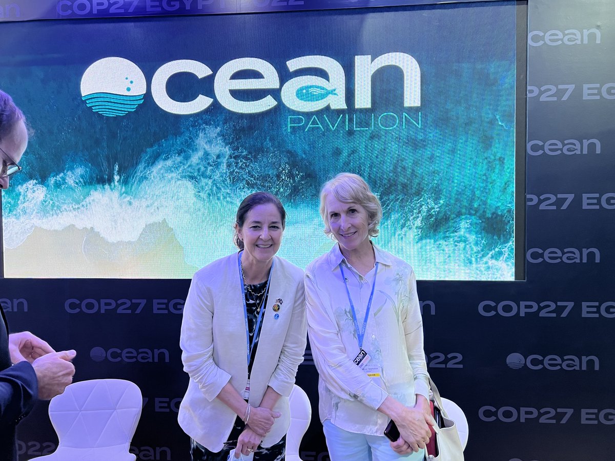 Today at #COP27, AGU President Susan Lozier connected with Monica Medina (<a href="/MonicaMedinaDC/">Monica Medina</a>), Assistant Secretary for Oceans and International Environmental and Scientific Affairs, at the #OceanPavilion. 

Learn more at oceanpavilion-cop.org