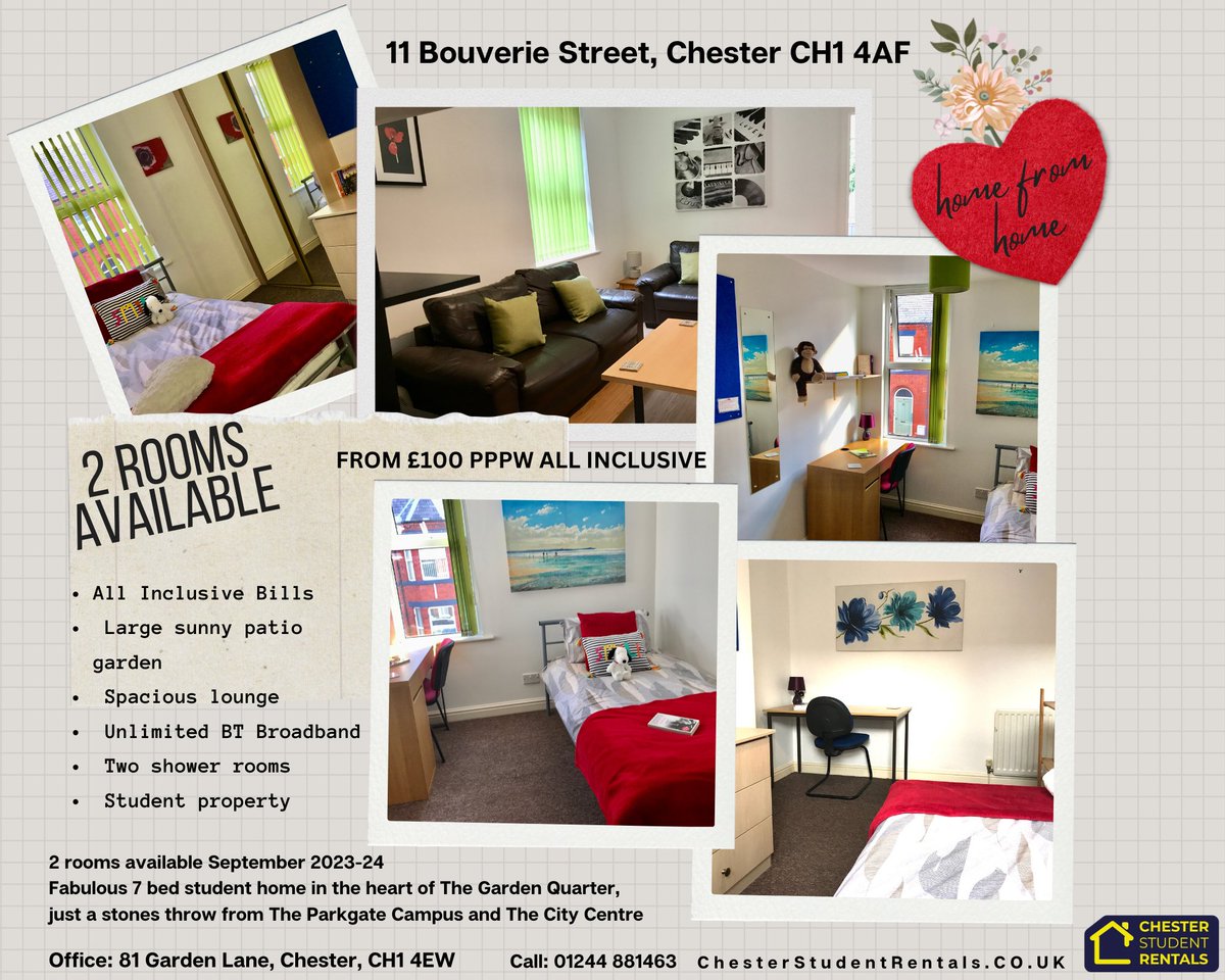 ChesterRentals's tweet photo. Two rooms available September 2023-24 Fabulous 7-bed student home in the heart of The Garden Quarter, just a stone's throw from The Parkgate Campus and The City Center https://t.co/IfHcx7QiIK