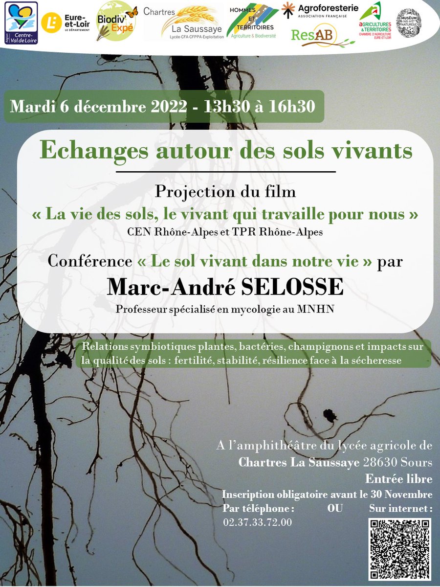 HTerritoires's tweet photo. Dans le cadre du projet "BiodivExpé à la Saussaye", @lasaussaye_epl @HTerritoires @Agroforesterie @chambagri28 vous invitent à une conférence sur les sols vivants 🪱 avec l'intervention de Marc André Selosse le 6 décembre 13h30 à l'amphithéâtre du lycée agricole de Chartres. https://t.co/MgaRNqWoMC