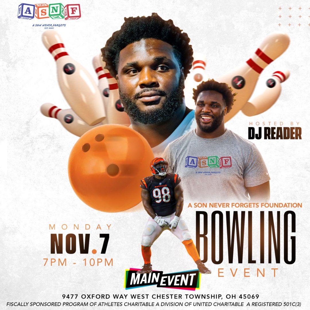 Athletes_Legacy's tweet photo. Athletes Charitable is pleased to introduce member DJ Reader Jr.and his A Son Never Forgets Foundation (ASNF). DJ, a defensive tackle for the Cincinnati Bengals, will be hosting his inaugural charity bowling event today in Cincinnati. #AthletesCharitable #UnitedCharitable https://t.co/WSrrsl6nOS