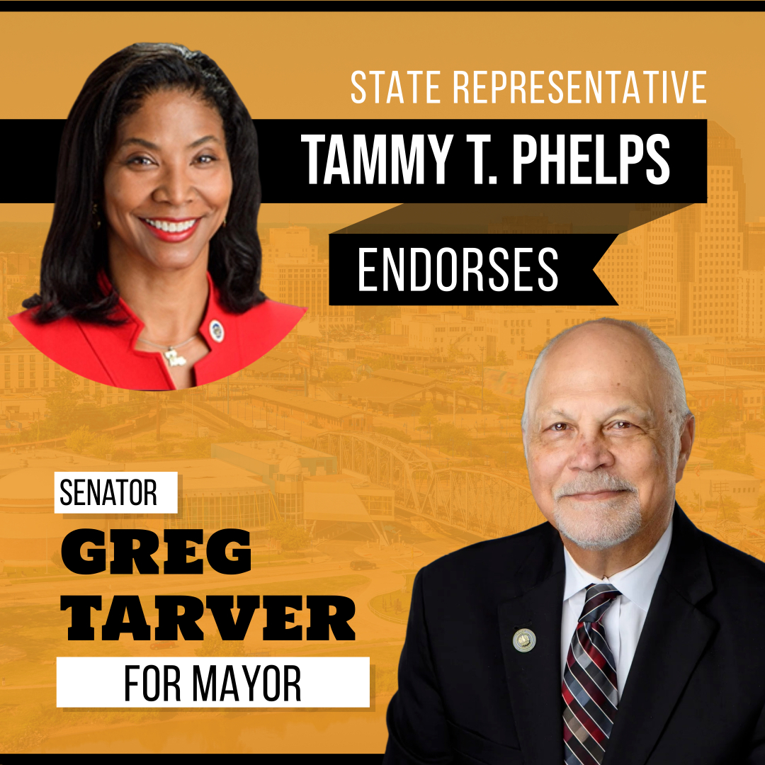 TeamGregTarver's tweet photo. Senator Greg Tarver is honored and humbled to have the endorsement and full support of State Representative Tammy T. Phelps.

Join Rep. Phelps and vote #GregTarverForMayor on November 8. https://t.co/p1ONWnqUBd