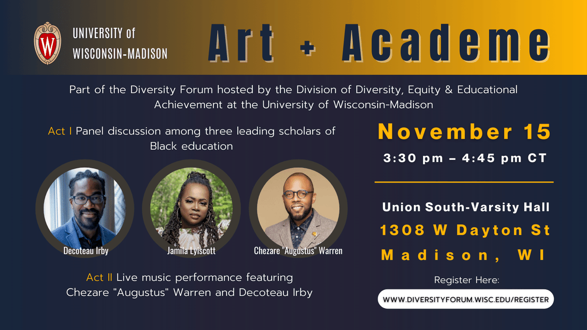 DecoteauIrby's tweet photo. Join me, @jamila_lyiscott and @chezareaugustus on November 15 as we present "Art + Academe" as part of the  Diversity Forum hosted by @uw_diversity.

See https://t.co/Q3zG4AQqVi for more details.

#UWDiversityForum #blackeducation #paneldiscussion #liveperformance https://t.co/O85TZktFNv