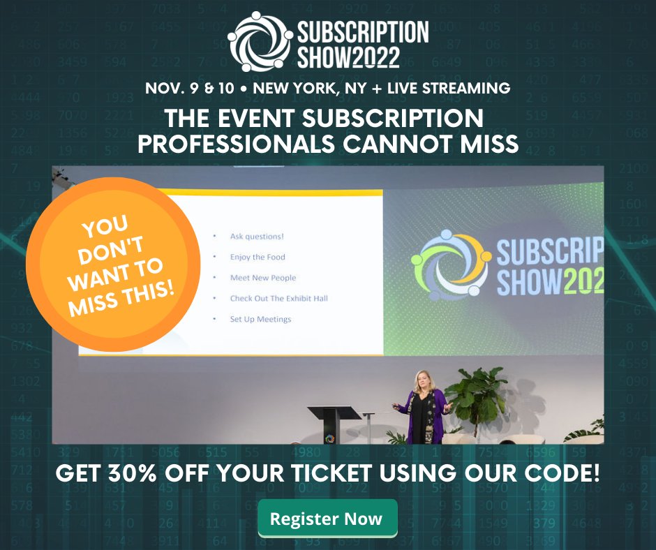 Vindicia's tweet photo. It's almost here! Join us in NYC this week for @SubInsider's #SubscriptionShow22, the leading subscription business conference π
Use Code VINDICIA30 for an additional 30% off! β‘οΈ https://t.co/1sG2dUhufK https://t.co/Kfjom8p7ef