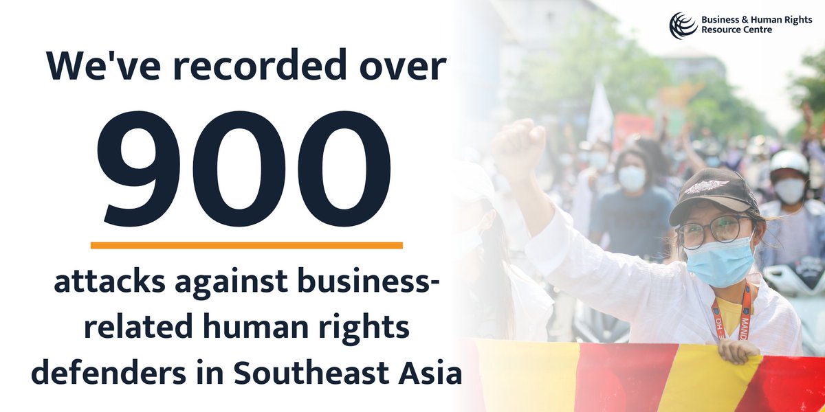 BHRCmedia's tweet photo. Despite their critical work, human rights defenders in Southeast Asia often experience attacks including smear campaigns, judicial harassment &amp; killings.

We've recorded over 900 attacks against #BizHRDs in the region. Read our breakdown of data 👉 https://t.co/jxD21xA2LD
#ASEAN https://t.co/X5sZyFNyld