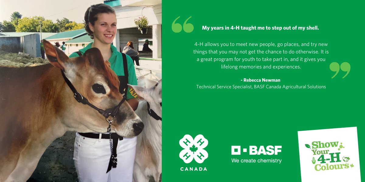4-H provides youth with opportunities to develop skills and build their confidence. Take it from alum Rebecca Newman with <a href="/BASFAgSolutions/">BASF Agricultural Solutions Canada</a> who credits 4-H for allowing her to step out of her shell. 🍀

#ShowYour4HColours