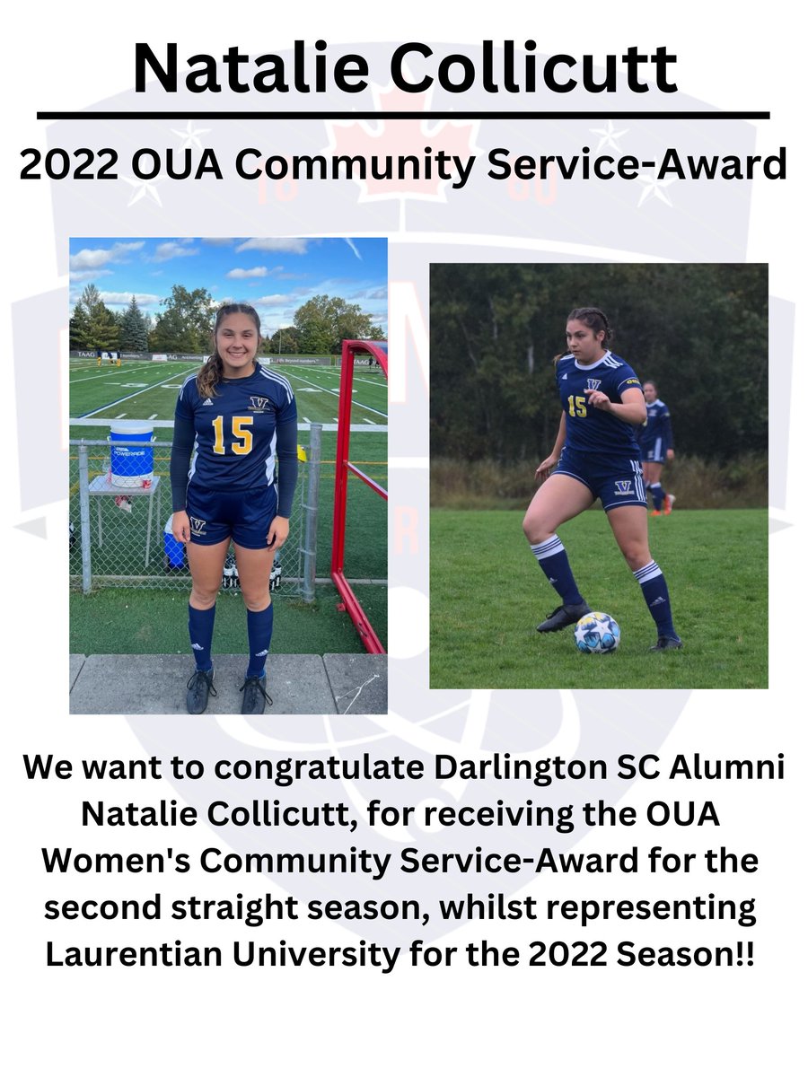 DarlingtonSCInc's tweet photo. Congrats to Tori Chia and Natalie Collicutt, former Darlington SC Alumni, for receiving OUA Awards for the 2022 season! Tori was named a OUA First Team All-Star representing Queen's University, and Natalie shared the Community Service Award representing Laurentian University!⚽️ https://t.co/BgBA8WM1e2