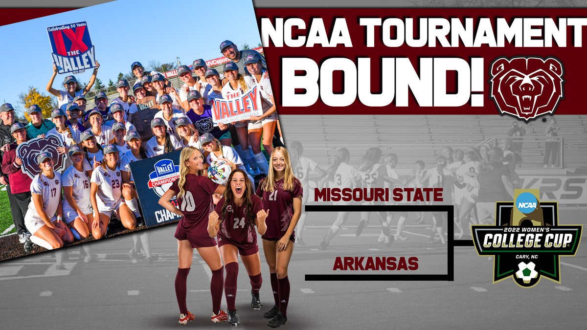 MoStateWSOC's tweet photo. 𝙉𝘾𝘼𝘼 𝙏𝙤𝙪𝙧𝙣𝙖𝙢𝙚𝙣𝙩 𝙗𝙤𝙪𝙣𝙙!⚽️🐻

MSU will travel to Fayetteville, Ark for first-round action against Arkansas! More information to come.

#Team27 #C4 #MTD https://t.co/eLUaj9JrNZ
