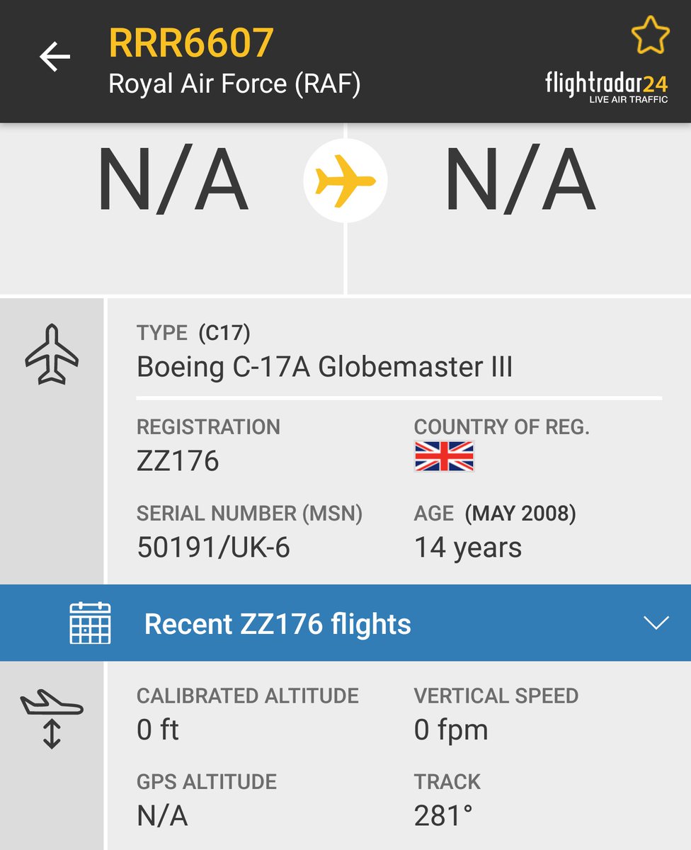 Royal Air Force (RAF)
Boeing C-17A Globemaster III
Callsign: RRR6607
Reg: ZZ176
Altitude: 0 ft
Fir: LONDON

Tracking links:
● fr24.com/RRR6607/2e220b…
● radarbox.com/flight/RRR6607
● global.adsbexchange.com/?icao=43c1c6

#AvGeeks #osint
