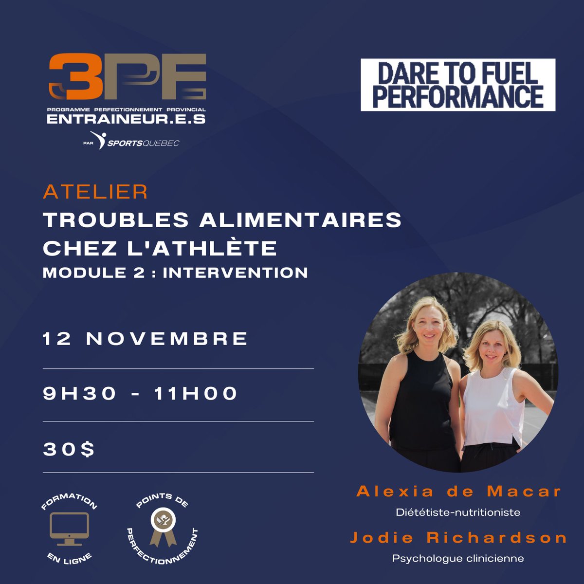 📣 Formation aux entraîneur.e.s!

Module 2 tant attendu! Atelier de formation le 12 novembre sur les troubles alimentaires 🍎🍞🧀 dans le cadre du NOUVEAU PROGRAMME 3PE!

* Il n'est pas nécessaire de suivre les modules dans l'ordre.

Inscription ici 👉 bit.ly/3VUDIAU