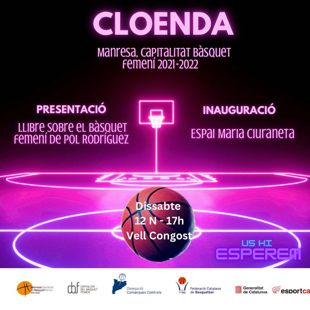 Dissabte 12 Novembre (17h) - Vell Congost
❗️CLOENDA❗️
#Manresa, capitalitat bàsquet femení 2021-2022
📣acte institucional amb un recull visual d’aquest any
🏀inauguració de l’espai Maria Ciureneta
📕 presentació del llibre sobre bàsquet femení
⛹️‍♀️partit del <a href="/manresacbf/">Manresa CBF</a> de Copa!