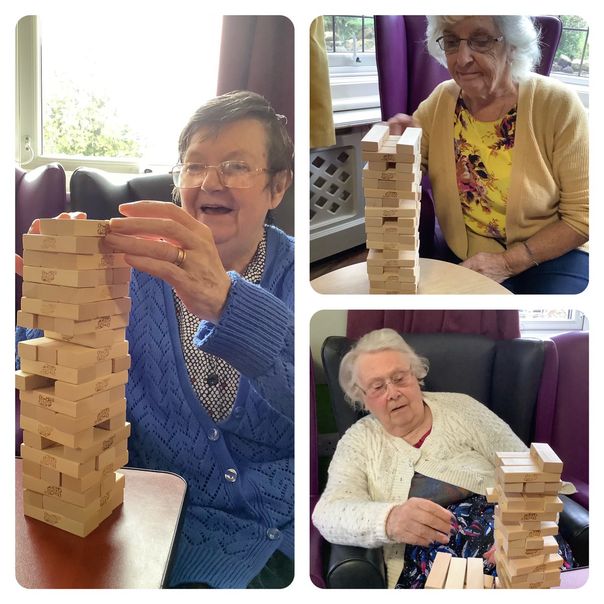 ARMSCARE's tweet photo. Jenga is our go to good mood game!!!😊💜👥 @NAPAlivinglife #care #carers #dementia #support #encouragethechange #healthcare #activities #jenga #goodmoodgame #always #themostfun #teamplaying #teamsupport #laughs #fun #thisishappiness #grateful https://t.co/PZN2z8ICO7