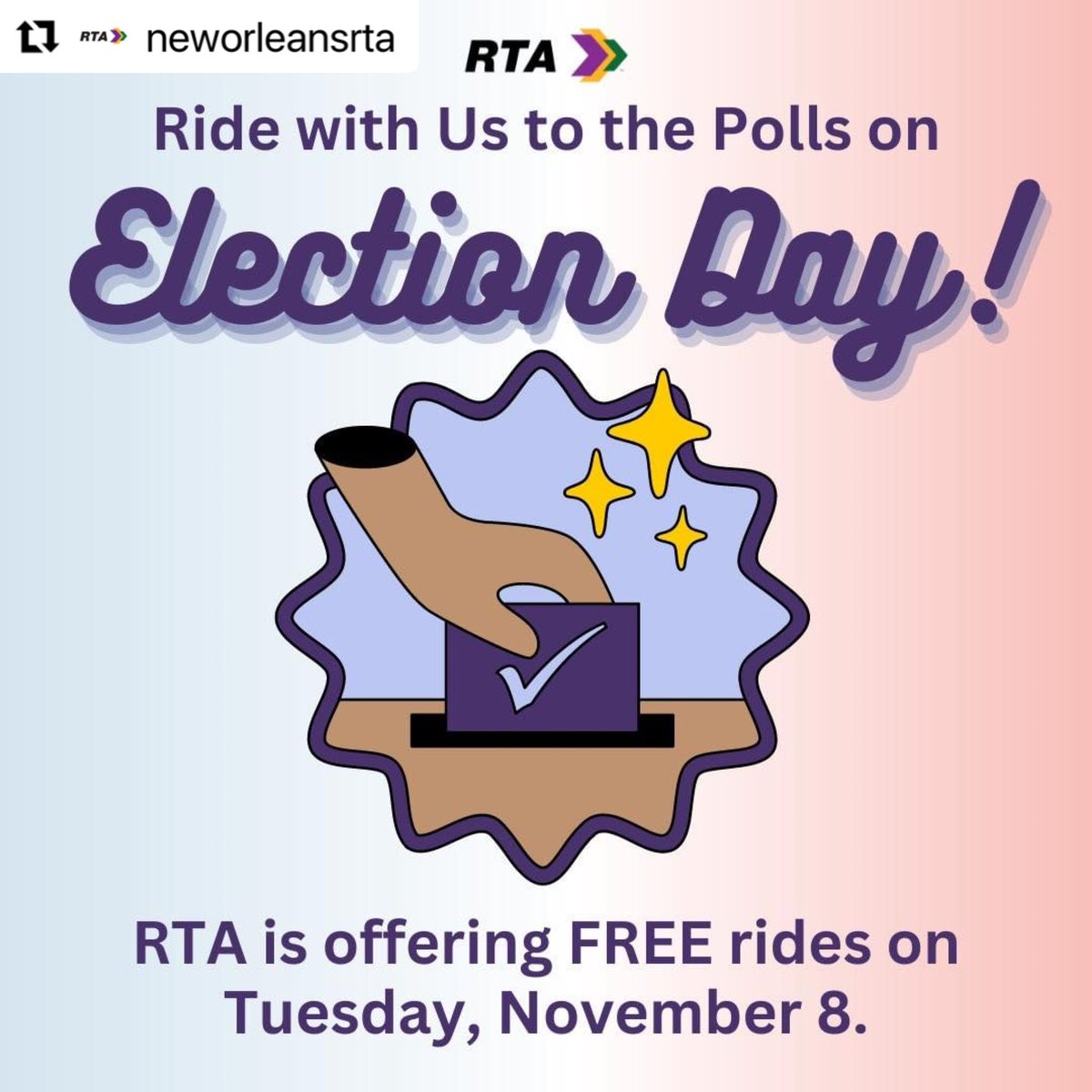 Did you know <a href="/rtaforward/">@RTAforward</a> transit is free tomorrow for Election Day?! 

Repost RTA: 
If you couldn’t make it to vote early, ride with us for free to the polls on election day, Tues, Nov. 8.  RTA is providing free round-trip rides on all buses, streetcars, ferries, and paratransit.