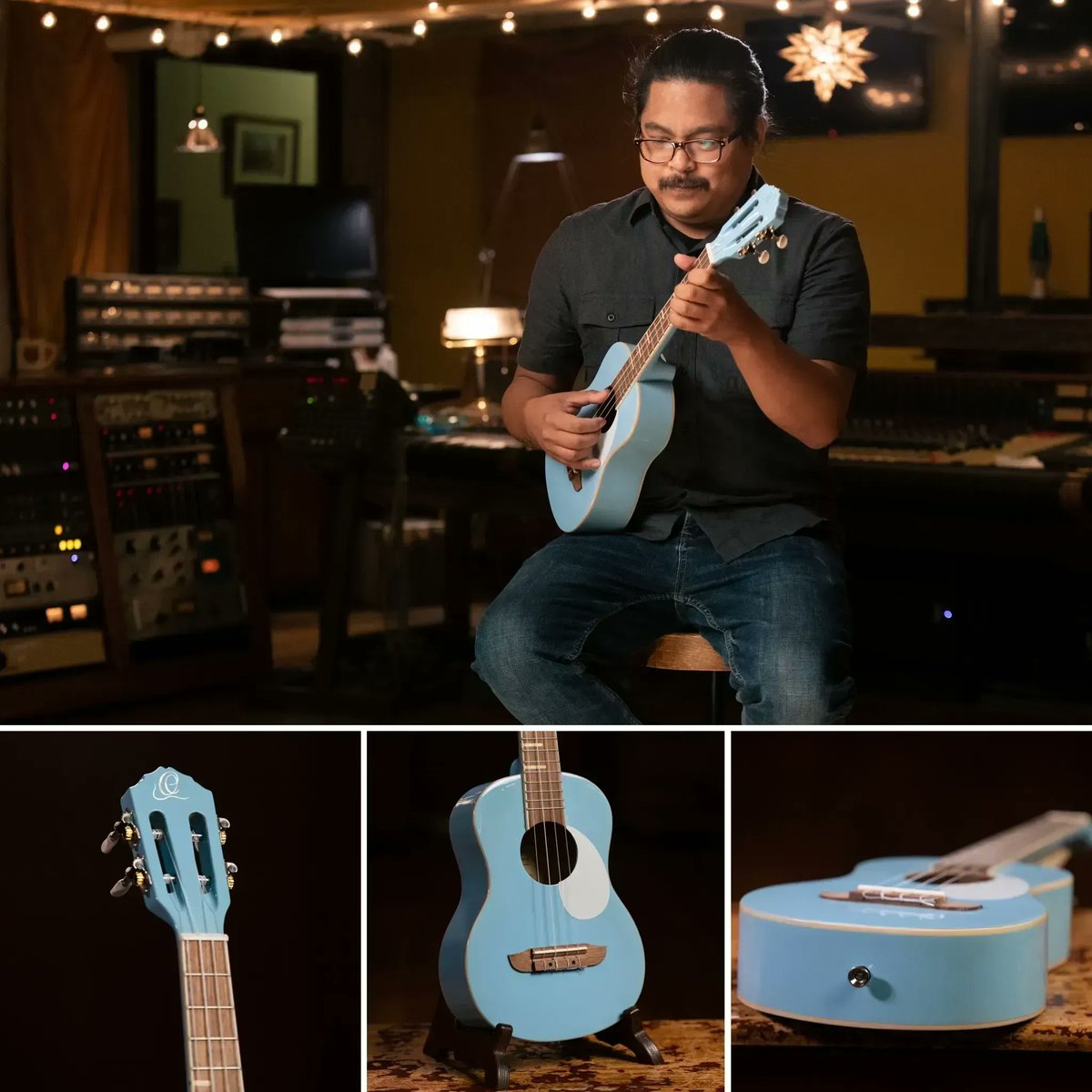 Our #ortegaguitars Gaucho series #ukuleles include four vintage finishes: platinum gray, green apple, orange, sky blue. A color-matching gig bag is included with each model.