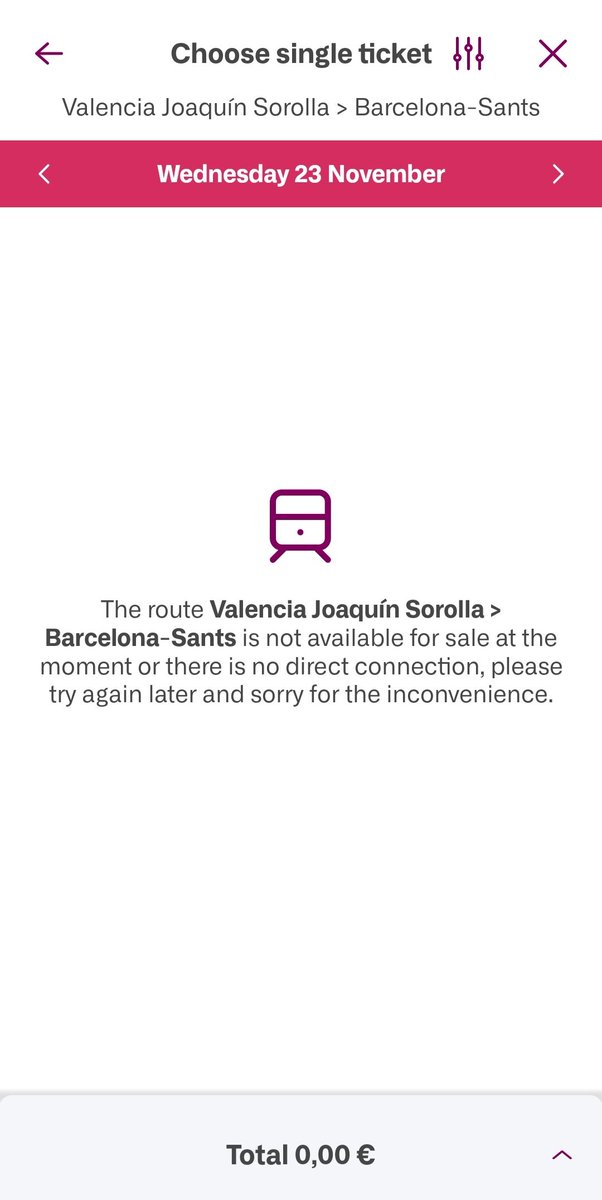 veruswei's tweet photo. @Renfe ¿es normal que no encuentre ningún tren de Valencia a Barcelona? He probado para varias fechas, en la app, en la web... lleva varios días el error https://t.co/8UFAkOvgtW