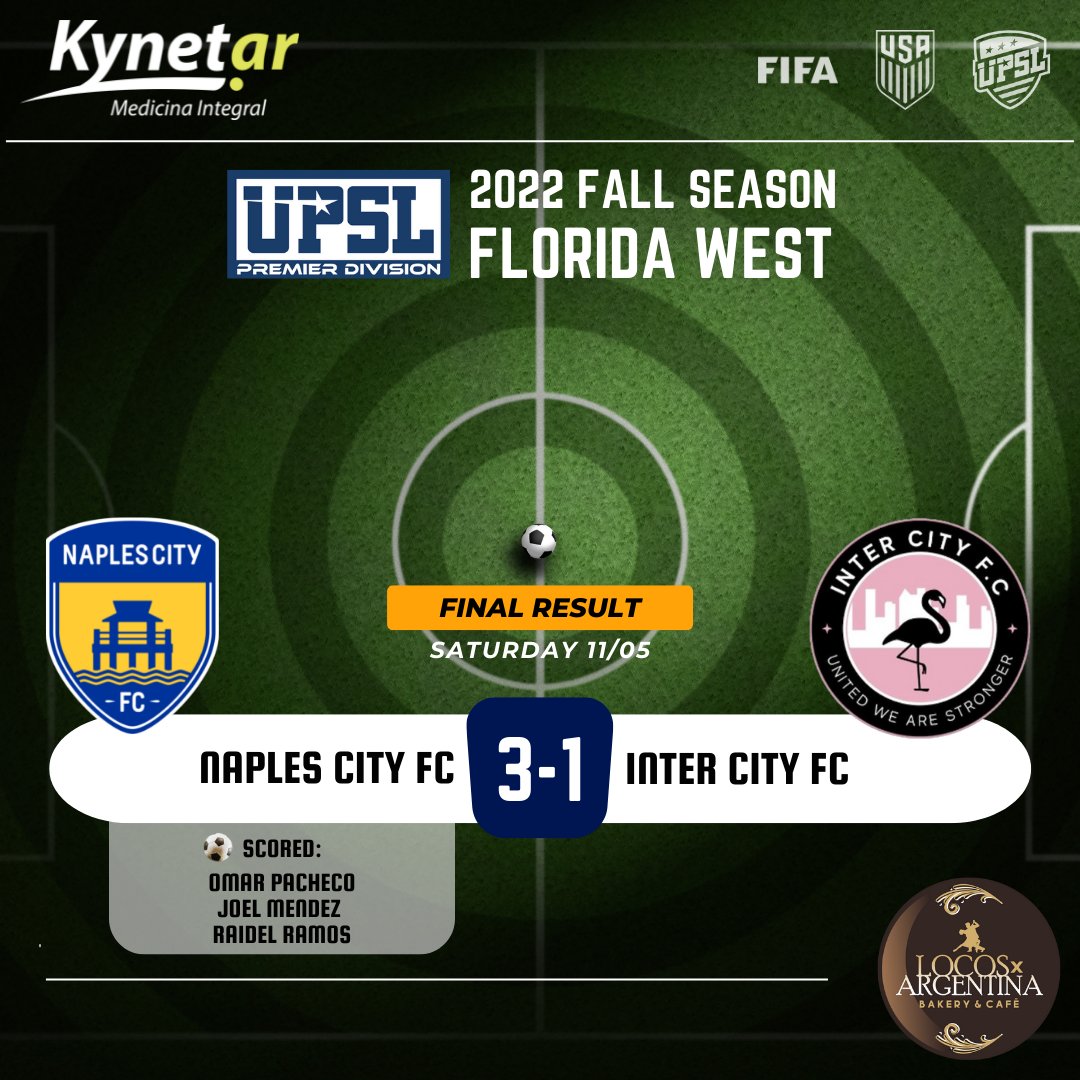 naplescityfc's tweet photo. UPSL Premier Division β Florida West
2022 Fall Season
Saturday 11/05 - Final Result
Naples City FC 3 - 1 Inter City FC
@UPSLsoccer @UPSL_Florida
π΅βͺπ‘ #naplescityfc #naplesflorida β½ #soccer #upslflorida #upslsoccer #ussoccer #wearethecity https://t.co/qNboWr9yv1