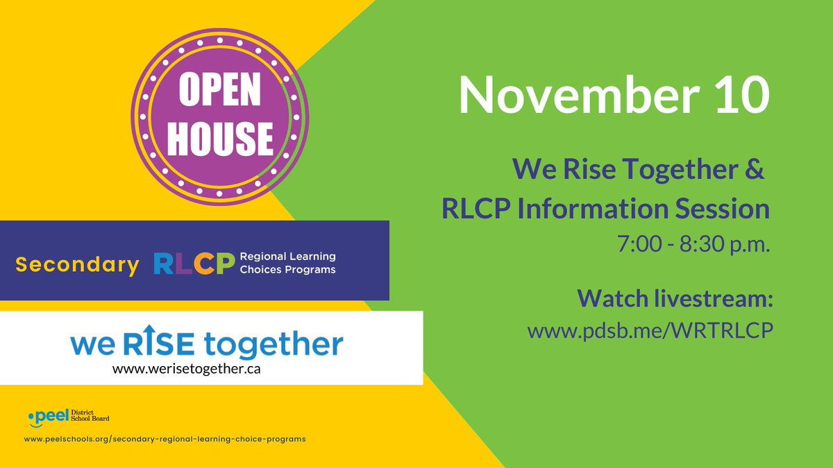 Families of African, Black, and Afro-Caribbean students are invited to attend a virtual information session on Secondary Regional Learning Choices Programs. 

Join us on Nov. 10 from 7:00 p.m. – 8:30 p.m.
Livestream: pdsb.me/WRTRLCP  

peelschools.org/secondary-regi…
 
<a href="/WRT_PDSB/">We Rise Together 2.0</a>
