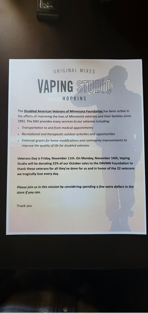 Vaping Studio (@vapingstudio) on Twitter photo Thank you to everyone who helped us to donate $6,426 to <a href="/DAVHQ/">Disabled American Veterans (DAV)</a> this month! #22aday #disabledamericanveterans Thank you to everyone who helped us to donate $6,426 to <a href="/DAVHQ/">Disabled American Veterans (DAV)</a> this month! #22aday #disabledamericanveterans