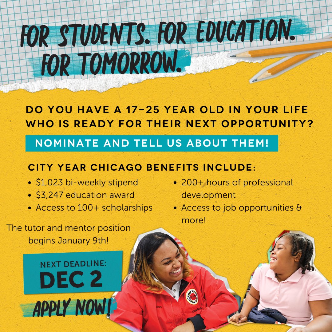 CityYearChicago's tweet photo. Searching for student success coaches to help kids in @ChiPubSchools grow!
Mentors, #teachers, #counselors - Corps members gain many professional skills & impact our communities by serving with CYCHI.
Refer someone today!
#cityyear #cychi #cps #chicago #students #education https://t.co/MUQsIDm6hV