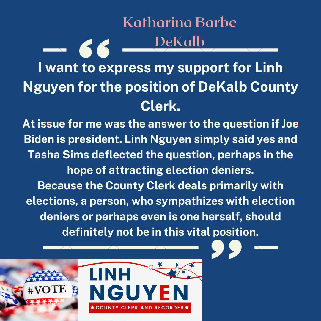 Thank you, Katharina Barbe, for your blunt statement of fact! You can read her full letter of support for Linh Nguyen for DeKalb County Clerk and Recorder here: buff.ly/3Wx9B2R 
#winwithlinhnguyen 
#monday #proudlydekalb #dekalblife #HuskiePride #huskiesvote #midterm