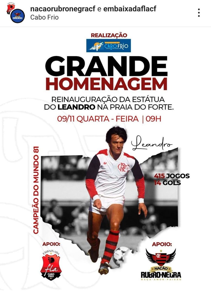 Amigos rubro-negros, nessa quarta-feira (09//11) às 9h será reinaugurada a estátua do Leandro aqui na orla da Praia do Forte em Cabo Frio. Com a presença do homenageado. Quem puder, compareça ❤️🖤