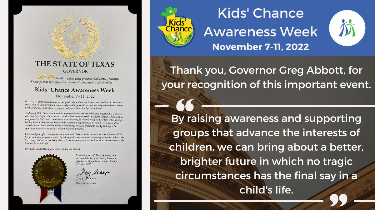 KidsChanceTX's tweet photo. ๐ It's #KidsChanceAwarenessWeek! Today through Nov. 11, we'll be posting info. to help you become familiar with the services & benefits KC has to offer in TX & across the country. Thank you, Governor Greg Abbott, for your recognition of this important event! @KidsChanceInc https://t.co/8bnxHQT4fn