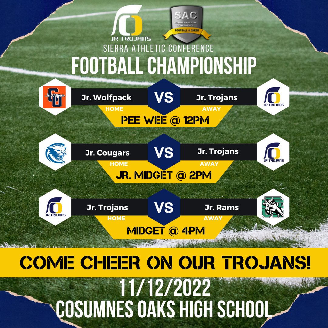 OR_JrTrojans's tweet image. CONGRATULATIONS TO OUR 3 TEAMS WHO WILL BE ADVANCING TO THE CHAMPIONSHIP ROUND!!!

Come cheer on our Trojans!

PEE WEE @ 12PM

JR. MIDGET @ 2PM

MIDGET @ 4PM

LOCATION: COSUMNES OAKS HIGH SCHOOL