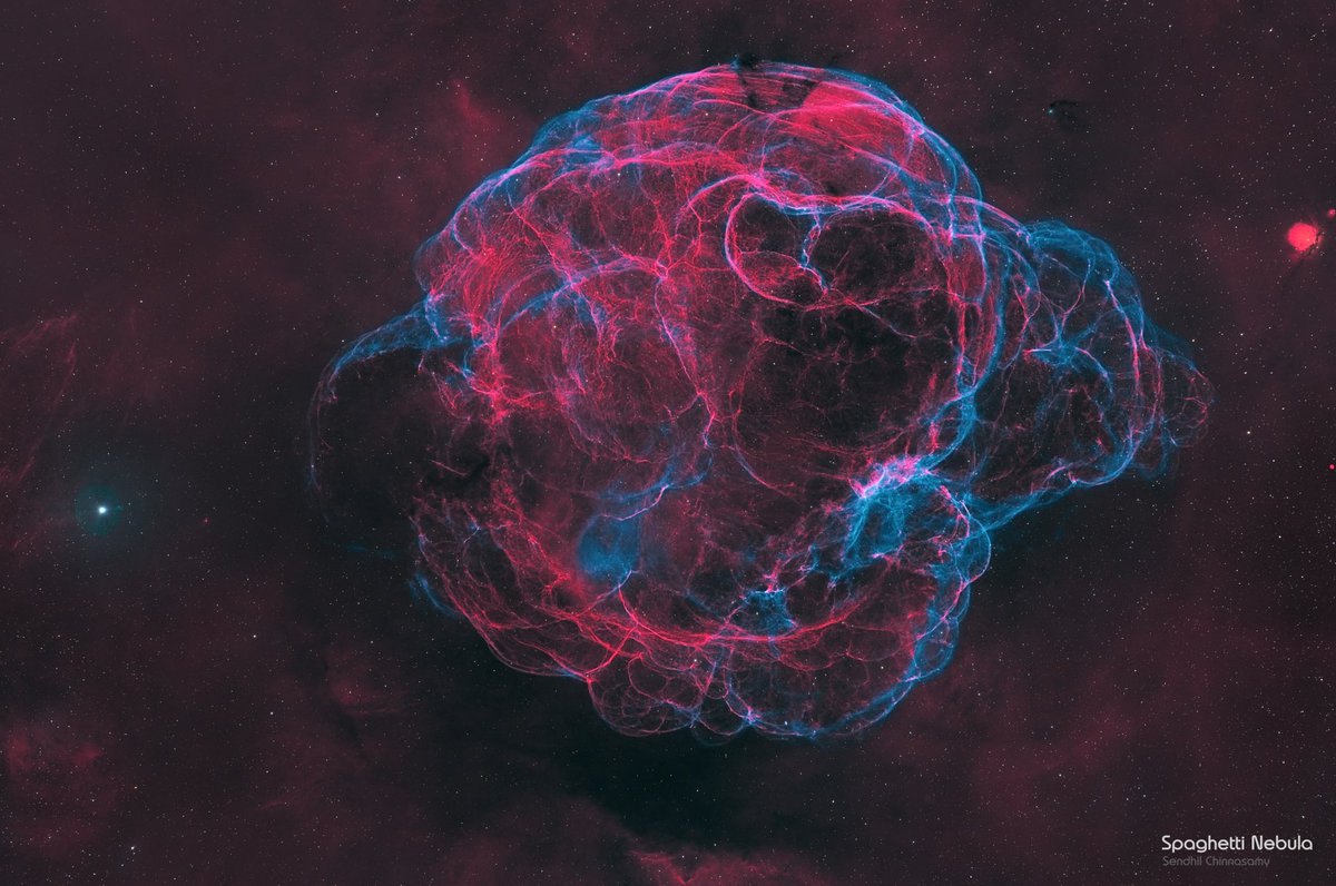 Spaghetti and a meatball 🙂

Simeis 147, also known as the Spaghetti Nebula, is a supernova remnant in between the constellations Auriga and Taurus. It has a low surface brightness and is identified by its distinctive filamentary structure. 

Exposure: ~42h
#Astrophotography