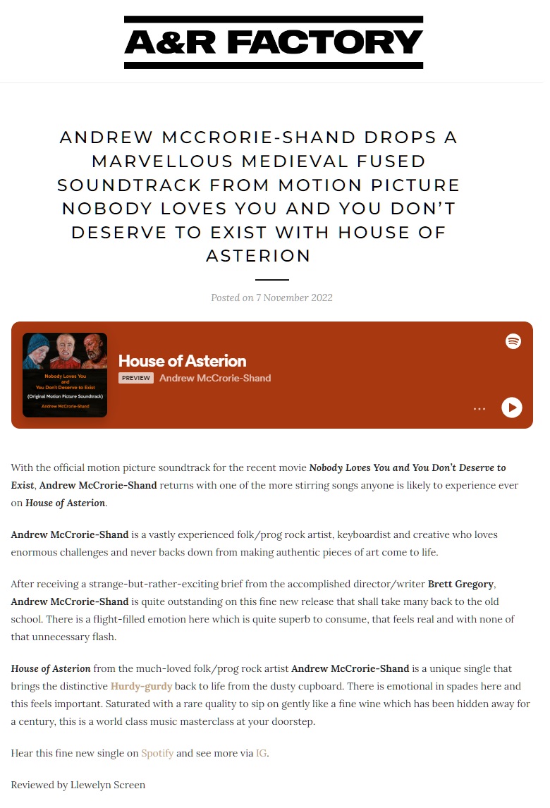 What a FANTASTIC REVIEW for <a href="/tinderfish/">Andy McCrorie-Shand</a>'s soundtrack for 'Nobody Loves You and You Don't Deserve to Exist' 😎 'This is a world class music masterclass' - <a href="/anrfactory/">A&R FACTORY</a> #indiefilm #Manchester #filmmusic #composer #soundtrack #britishfilm #film #movie anrfactory.com/andrew-mccrori…