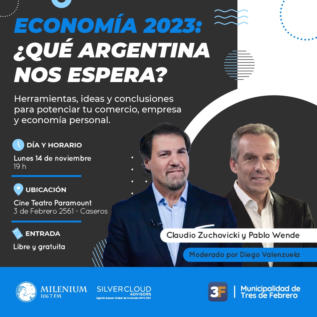 fmmilenium's tweet photo. Los invitamos a sumarse a la charla "Economía 2023: ¿Qué Argentina nos espera" con @PabloWende, @ClaudioZucho y @dievalen, intendente de @Municipalidad3F.

🗓 Lunes 14/11
🕜 19:00 hs
📍Cine Teatro Paramount

✅️ Entrada libre y gratuita. https://t.co/0zEOOflTch