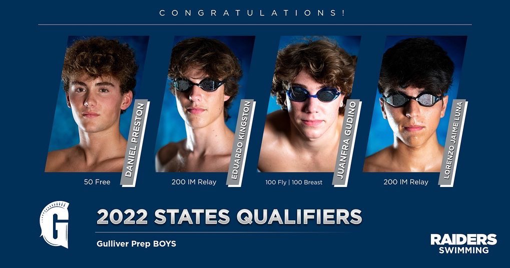 State bound! Congratulations to all qualifiers! 

📌 Saturday, November 12. Stuart, Florida 📌

#GoRaiders #WeAreUnparalleled #gulliverprep #fhsaa #highschoolswimming #states