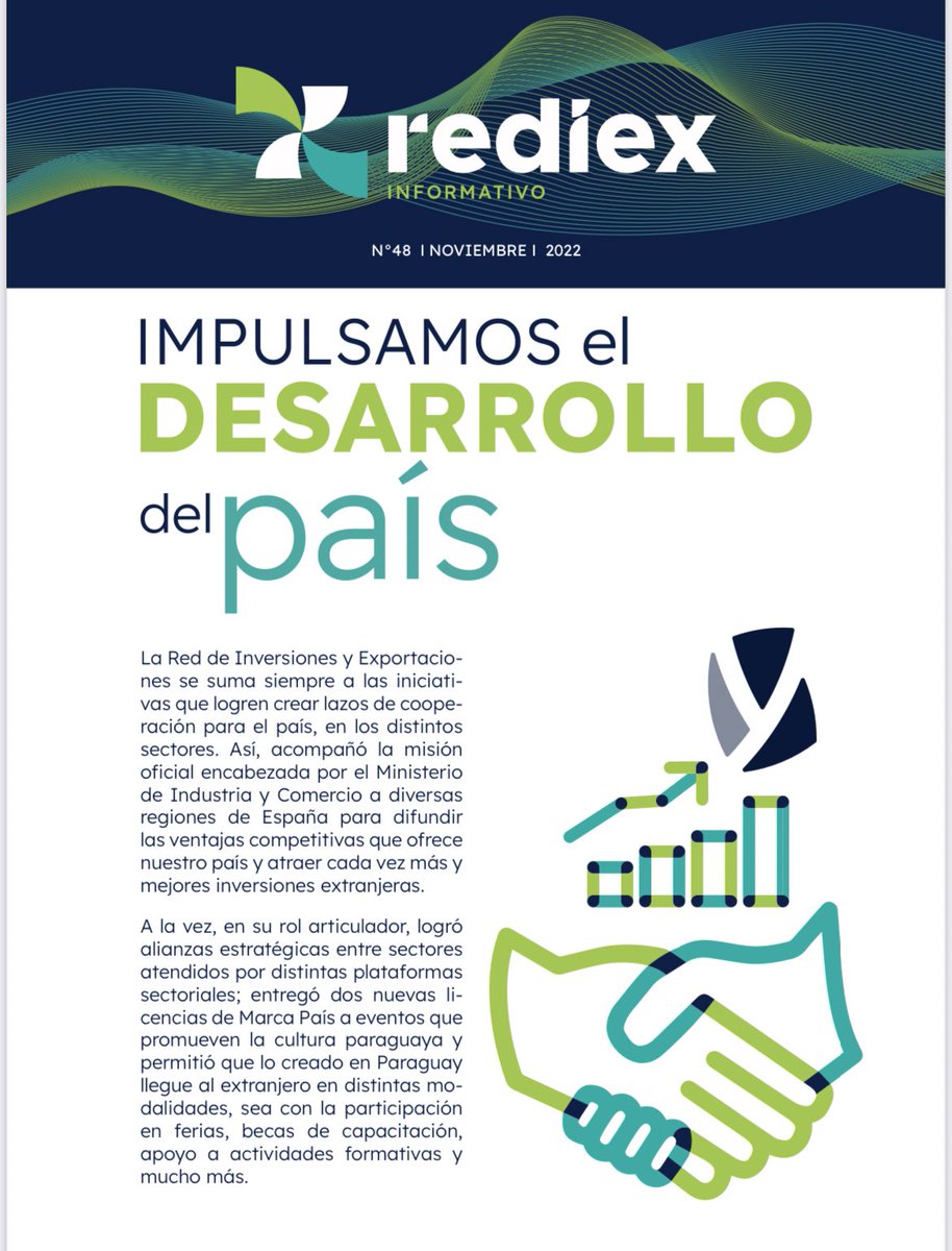 REDIEXParaguay's tweet photo. #informativoREDIEX #48 
“Impulsamos el desarrollo del país” ✅

Conocé los resultados de la misión de promoción económica a España; actividades de las plataformas sectoriales y de la dirección de #MarcaPais 

+info: https://t.co/UdINZJcj0I https://t.co/085DEWSynB