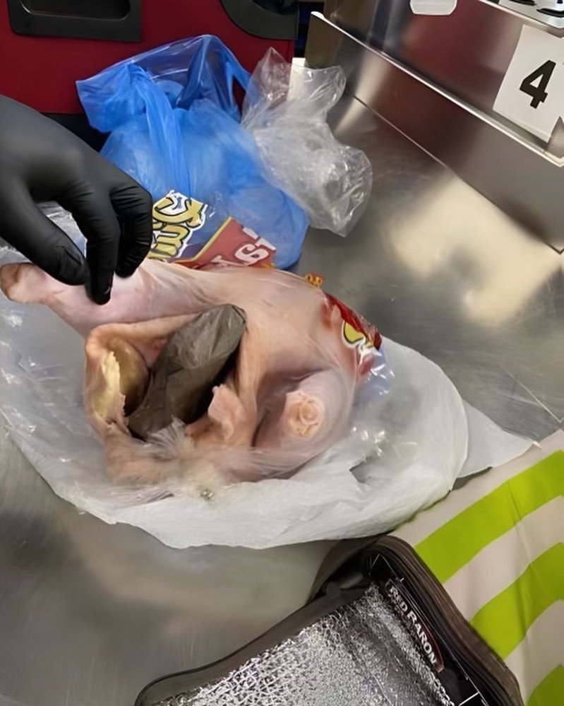 TSA's tweet photo. There’s a personal fowl here. Our officers @FLLFlyer made this very raw find. We hate to break it to you but stuffing a firearm in your holiday bird for travel is just a baste of time. So, don’t wing it, you'll find all the proper packaging info here: https://t.co/Zm2XnorDx7 https://t.co/BpdbEwwouX