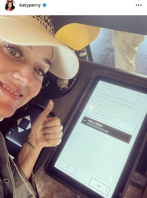 KyleKashuv's tweet image. Katy Perry voting for Republican Rick Caruso for LA Mayor

This just shows you just how bad things have gotten. That a celebrity would not only vote R -- but then publicly post it is something else. You could say the energy is shifting.
