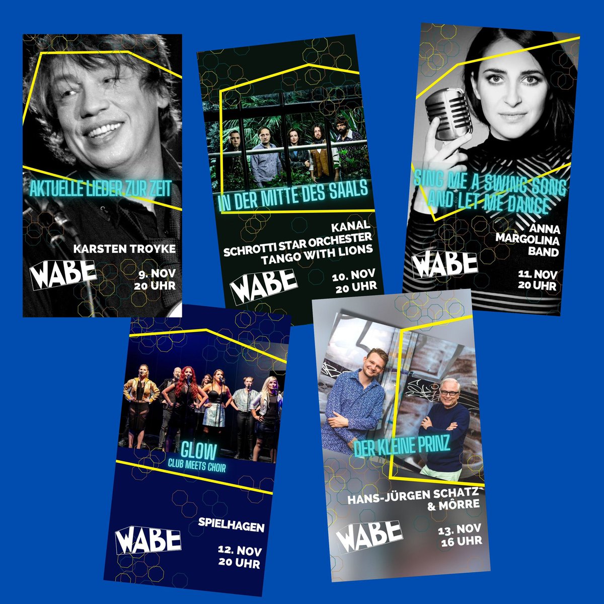 wabeBerlin's tweet photo. ✨ Diese Woche in der WABE ✨
📌 Aktuelle Lieder zur Zeit mit Karsten Troyke
📌 Opulenter GlamPop mit KANAL, Schrotti Star Orchester &amp; Tango with Lions
📌 Swingtanz mit Anna Margolina
📌 Chartmusik in Popchorgewand mit Spielhagen
📌 Der kleine Prinz mit Hans-Jürgen Schatz &amp; Môrre https://t.co/3RNDJEryK4