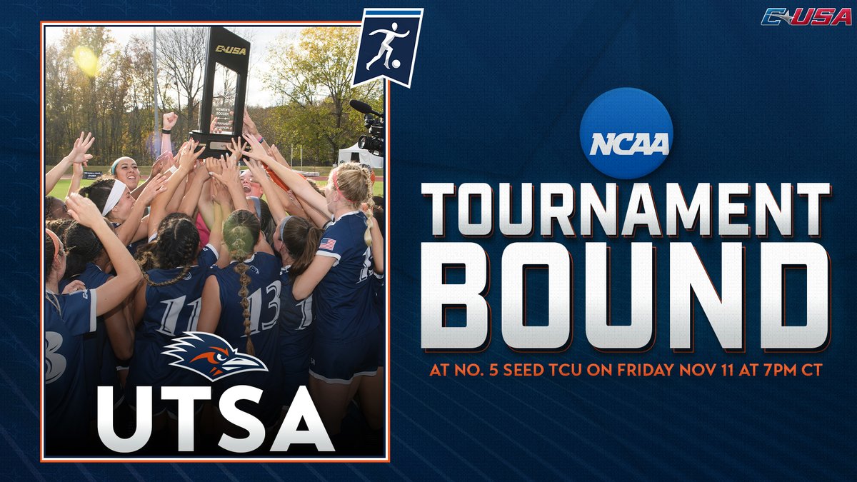 ConferenceUSA's tweet photo. ⚽️ @NCAASoccer 𝗧𝗢𝗨𝗥𝗡𝗔𝗠𝗘𝗡𝗧 𝗕𝗢𝗨𝗡𝗗 ⚽️

@UTSAWSOC is headed to TCU. They'll play the No. 5 seed Horned Frogs on Friday at 8pm ET / 7pm CT!

#CUSAWSOC | https://t.co/52HvntMh24 https://t.co/X1jqPvRb5x