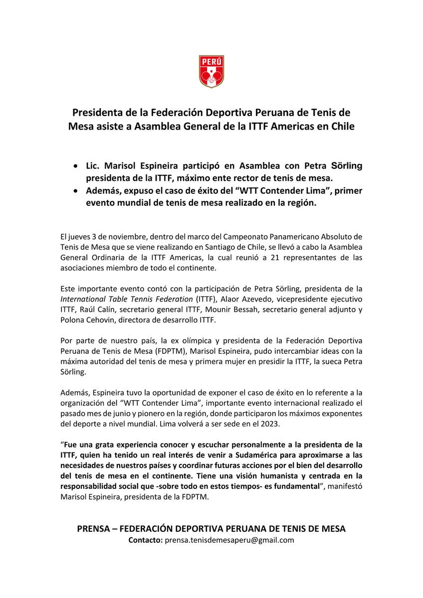 TenisdeMesaPeru's tweet photo. #PrensaFDPTM #FDPTM2022 🇵🇪🏓
Presidenta de la FDPTM asistió a Asamblea General de la ITTF Americas en Chile.
Lic. Marisol Espineira participó en Asamblea con Petra Sörling presidenta de la ITTF, máximo ente rector de tenis de mesa.
+info: https://t.co/fBRvn9xpgz https://t.co/aVn1MIVCvP