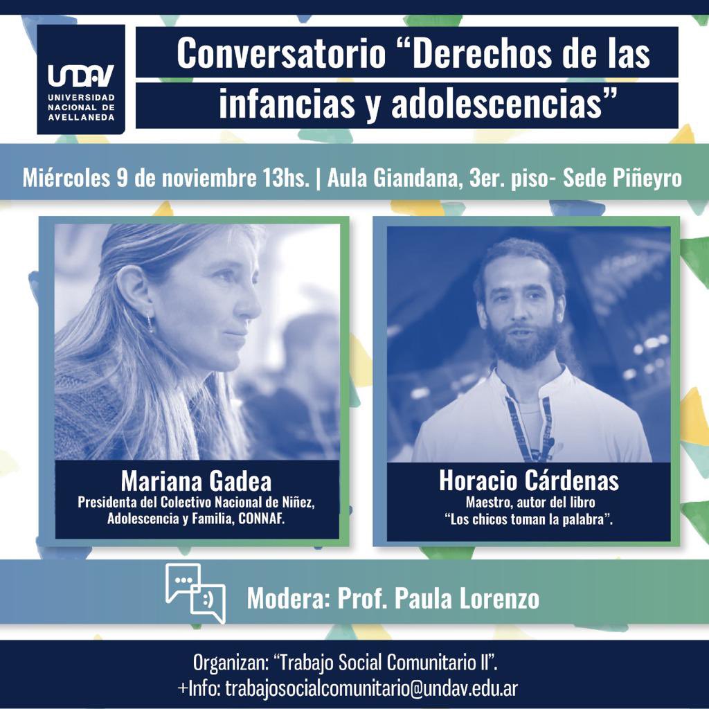 connafjardines's tweet photo. 👉🏻 Mariana Gadea, presidenta de #CONNAF, participará del conversatorio "Derechos de las infancias y adolescencias" para compatir experiencias junto a Horacio Cárdenas.
📌 Miércoles 9 de noviembre a las 13 hs
📌 Universidad Nacional de Avellaneda
#TSC #UNDAV #SomosCONNAF https://t.co/0D4d8q1eTk