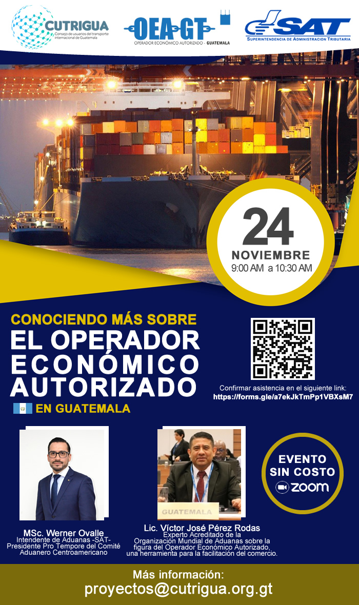 CUTRIGUA's tweet photo. Conociendo más sobre el Operador Económico Autorizado.

Confirmar participación en el siguiente link:
https://t.co/RJ3jnm4FgH

Evento sin costo

🗓️  24 de noviembre de 2022
⏰ 9:00 a 10:30 horas https://t.co/RV3N04WMkB